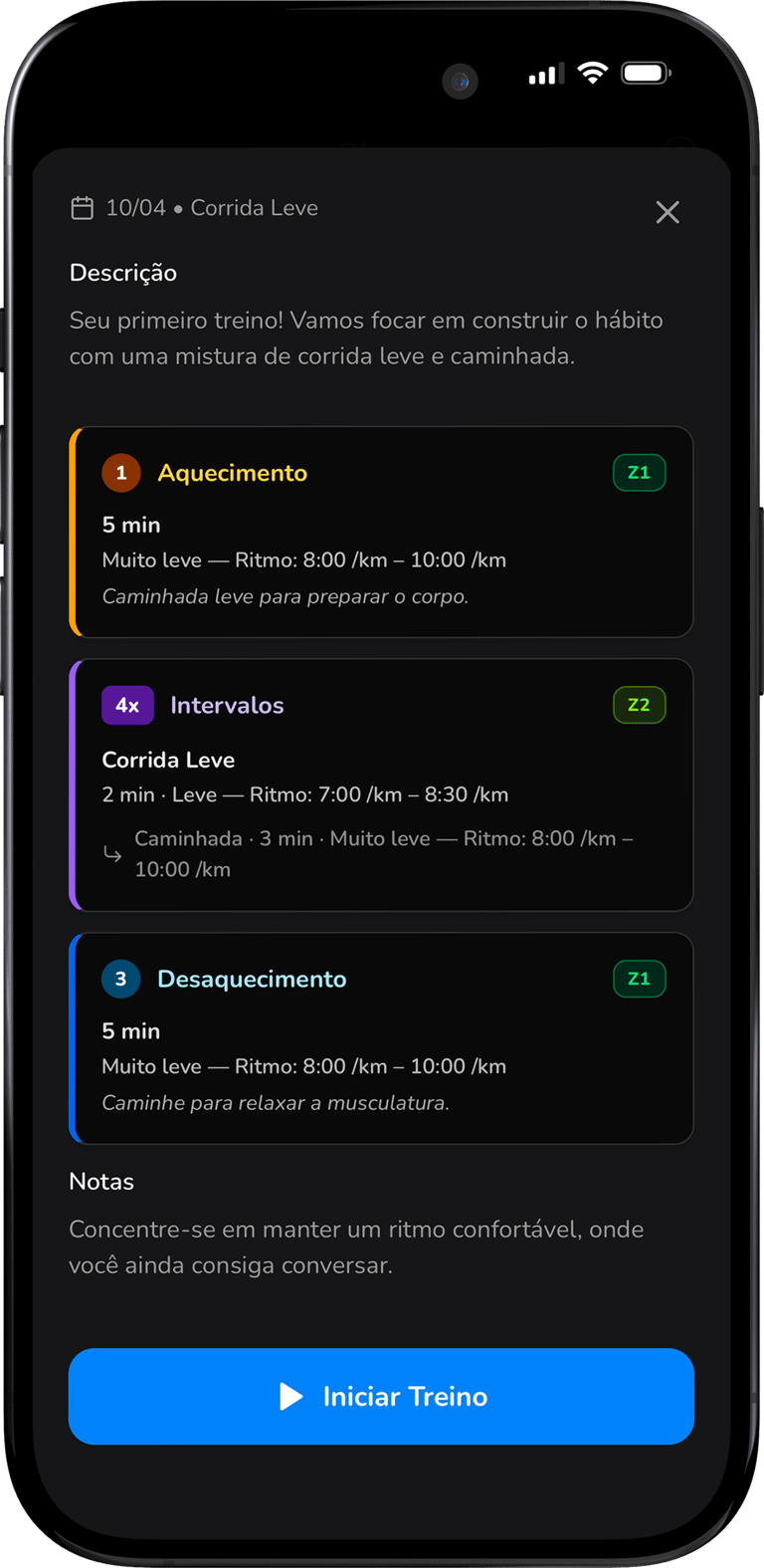 Tela de treino do RunningAI